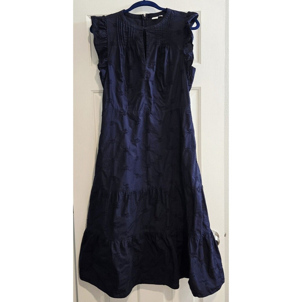 Gap Navy Blue Embroidered Cotton Flutter Sleeve Midi Dress Tiered Women's Sz 12